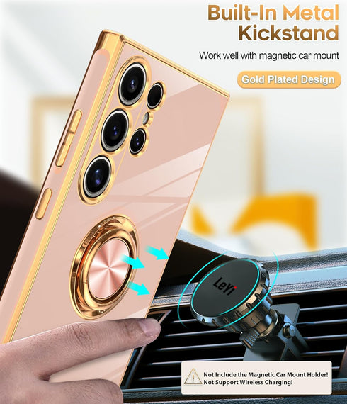 LeYi for Samsung Galaxy S24 Ultra Phone Case: with 360° Rotatable Ring Holder Magnetic Kickstand, Plating Rose Gold Edge Protective Samsung Galaxy...