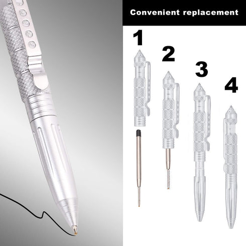 2 Pack Military Tactical Pen Set with 6 Black Ballpoint Refills for Writing, Made of Tungsten Steel & Aluminum (Black & Silver)...