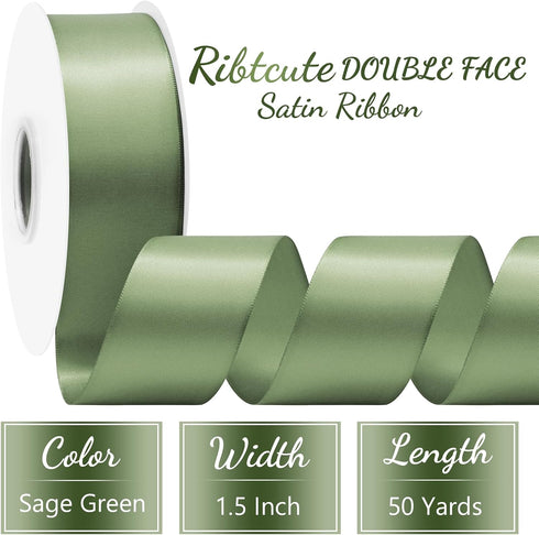 Green Sage Satin Ribbon 1 1/2 Inch x 50 Yards Double Faced Silk Ssatin Ribbon for Gift Wrapping, Flower Bouquet, Wreaths, Cuuting, Wedding, Ceremo...