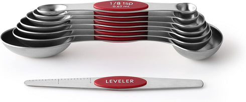 Spring Chef Red Stainless Steel Magnetic Measuring Spoons Set of 8 with Leveler, Dual Sided Nesting Teaspoon & Tablespoon Measuring Spoons, Kitche...