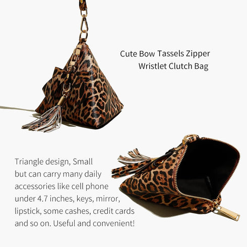Women Triangle Leather Bow Tassel Charm Evening Wristlet Clutch Purse...