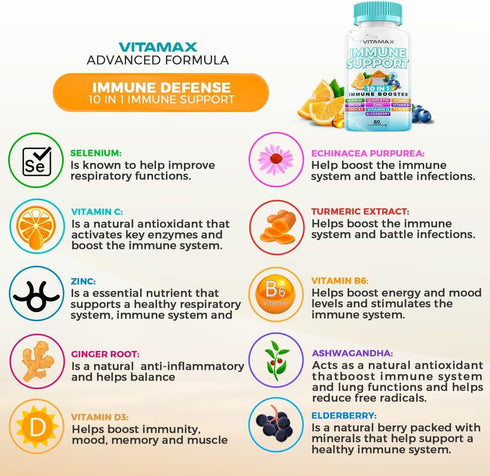 10-in-1 Immune System Support Booster with Elderberry, D3, Selenium, Quercetin, Zinc, Vitamin C, Ginger, Turmeric Curcumin, B6, Echinacea – Natura...