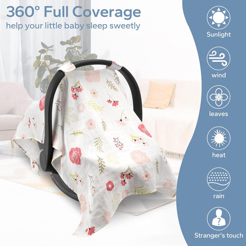 SERAPHY Muslin Car Seat Covers for Babies, Breathable Baby Car Seat Cover for Boys and Girls, Cotton Infant Carseat Canopy Covers -Flowers...