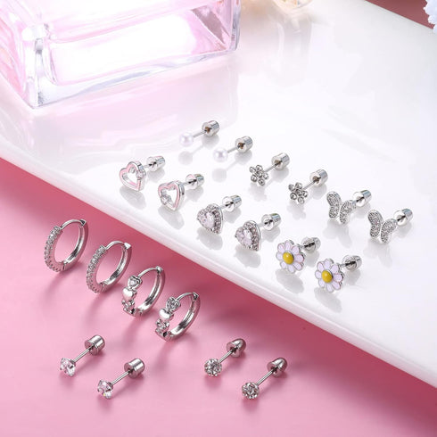 YADOCA 10 Pairs Hypoallergenic Screw Back Earrings for Women Girls Stainless Steel CZ Cute Colorful Butterfly Hoop Screwback Stud Earring Set...