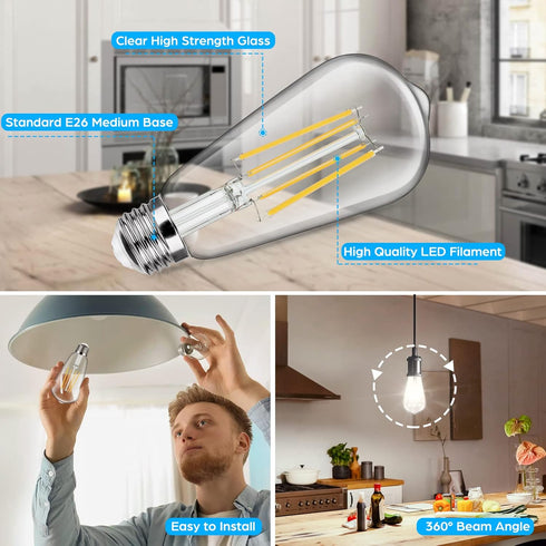 4-Pack Vintage E26 LED Edison Bulbs 100W Equivalent 1400LM High Brightness 8W ST58 LED Filament Light Bulbs 4000K Daylight White Medium Base CRI90...