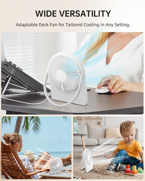 3.5" USB FAN, Strong Wind Ultra Quiet Small Desk Fan Foldable 3 Speeds Adjustable, USB Corded Powered Personal Fan for Home, Office, Desktop, Whit...