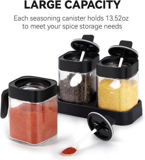Salt and Sugar Container Set, 3Pcs Spice Jars with Spoon | 13.5oz Condiment Jar Spice Container for Salad, Coffee Bar Kitchen Countertop - Black...