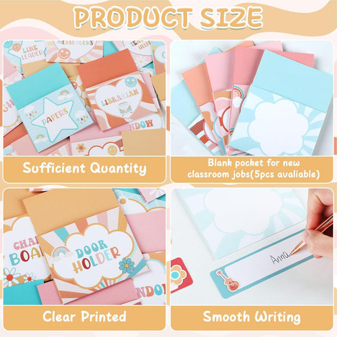 ZOiiWA 81pcs Groovy Class Jobs Bulletin Board Hippie Themed Classroom Jobs Pocket Chart Set Teacher's Helper Chalkboard Decor Classroom Bulletin B...