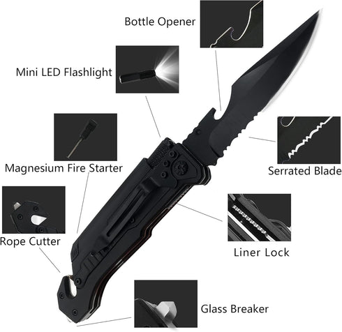 Engraved Pocket Knife for Men,6 in 1 Multifunction Folding Knives with Fire Starter,LED Light,Seatbelt Cutter,Glass Breaker,Bottle Opener,Annivers...