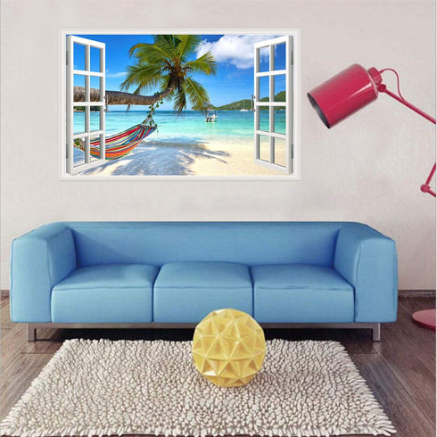 Beach Seascape Window Wall Sticker Palm Tree and Hammock Fake Window Wall Decals Removable Tropical Sea Window View Wall Stickers Decal for Living...