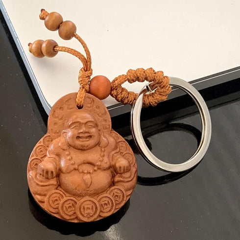 Betterdecor Feng Shui Peach Wood Money Happy Laughing Buddha Key Ring Amulet for Wealth Luck...