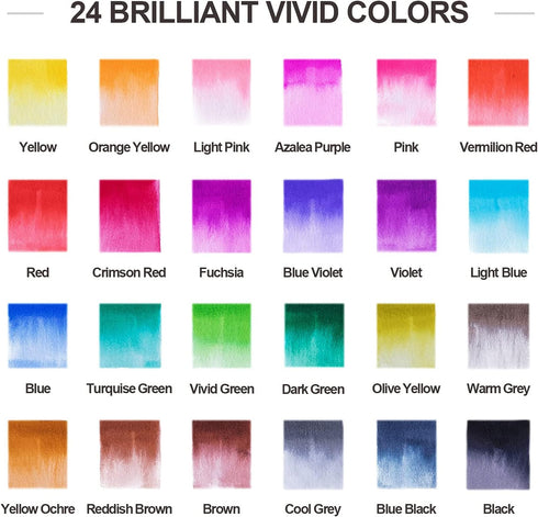 ParKoo Watercolor Brush Pens, 24 Colors Flexible Real Nylon Brush Tip Pens for Watercolor Painting, 1 Blending Brush, Paint Markers for Artists an...