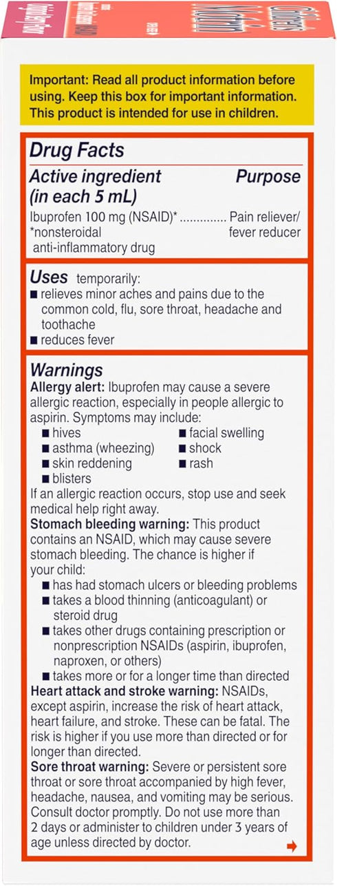 Children's Motrin Oral Suspension Medicine, 100 mg Ibuprofen, Kids Fever Reducer & Pain Reliever for Minor Aches & Pains Due to Cold & Flu, Alcoho...
