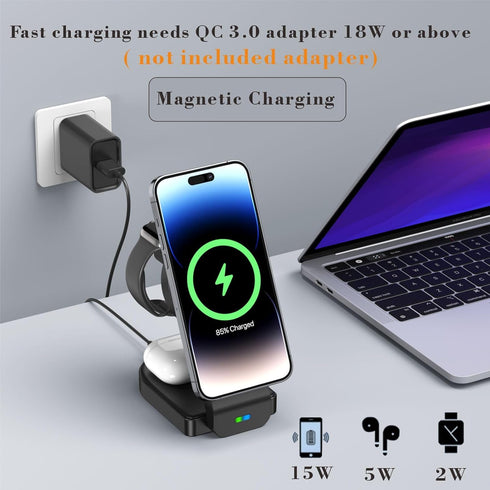 3 in 1 Wireless Charging Station for Apple MagSafe Charger Multiple Devices,Magnetic Foldable 15W Fast Wireless Charger Stand for iPhone 15/14/13/...