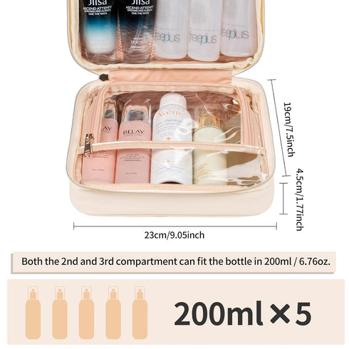 CUBETASTIC Travel Toiletry Bag, Portable Makeup Bag with Hanging Hook Waterproof Cosmetic Organizer Case 3 Compartment Leather Pouch for Toiletrie...
