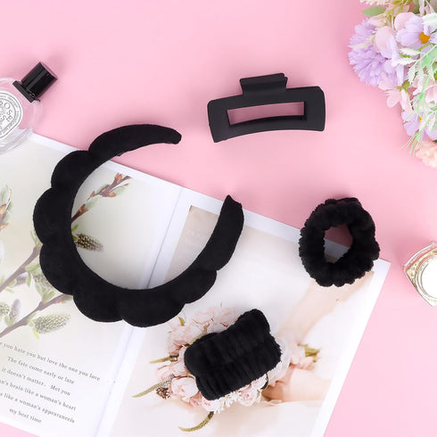 Wecoe Spa Headband And Wristband Set Skincare Headband For Washing Face Hair Claw Clips For Thick Hair Cute Black Puffy Sponge Makeup Headband Bub...