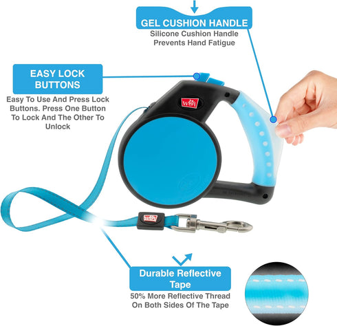 Wigzi MEDGL-BL Gel Retractable Dog Leash for Dogs Upto 44 lb, Medium, Blue...