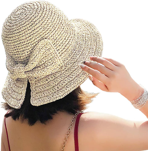 Foldable Wide Brim Floppy Straw Beach Sun Hat,Summer Cap with Bowknot for Women Girls,Strap Adjustable...