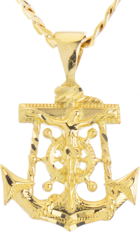 metaltree98 Solid Gold Plated Anchor Jesus Diamond Cut Pendant 20" Cuban Chain Necklace MPG 003 G (20")...