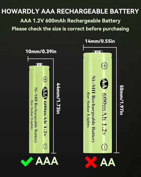 1.2v AAA Ni-MH Rechargeable Battery, Triple A 600mAh 1.2V Rechargeable Battery Pre-Charged, Low Self - Discharge for Outdoor Solar Lights, Solar P...