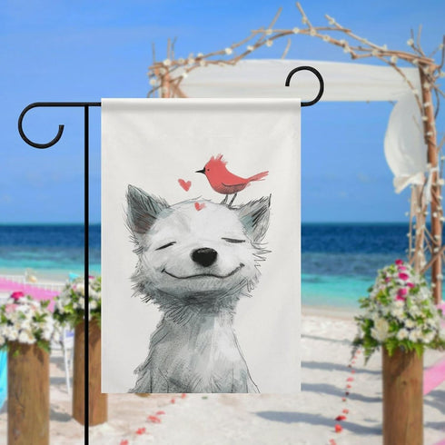 Small Joyful Dog with A Bird on Its Head Garden Flag Cute Animal House Yard Flag Seasonal Holiday Outside Holiday Decoration Home Decor Double Sid...