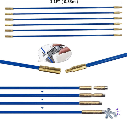11ft Multi-function Fiberglass Duct Rodder Wire and Cable Pulling Kit Electrical Fish Tape Cable Puller Cable Rods With Hook And Hole In Tube Blue...