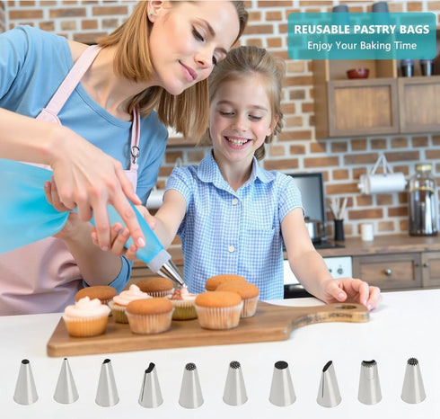 Piping Bags and Tips Set, Reusable Cake Decorating Supplies with 2 Reusable Bags, 12 Icing Tips, 2 Silicone Rings, 2 Couplers and 3 Scrapers, Cake...