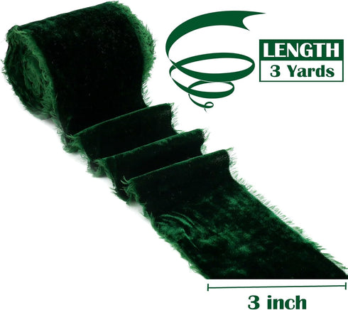 MEEDEE Green 3 Inch Velvet Ribbon Fringe Raw Edge Silk for Wreaths, Flower Bouquet, Dress Sash, Baby Shower, Wedding Decor (3 Yards)...