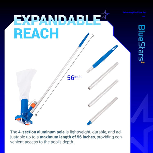 BlueStars Handheld Ground Swimming Pool Vacuum - Portable Jet Underwater Cleaner with 56" Aluminum Pole and Dual Collection Bags for Pools, Spas, ...