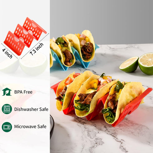 Premium Large Taco Holder Stand, Colorful Holders Set of 6 or 4 for 3 Tacos, Soft or Hard Shell Holder, Street Rack, Tray Plates, BPA Free, Dishwa...