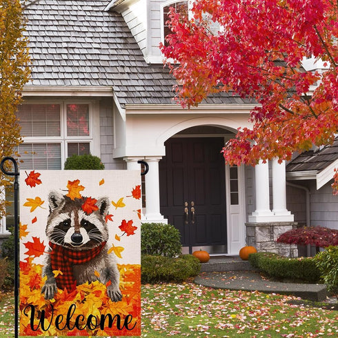 Welcome Fall Maple Leaves Garden Flag 12.5x18 Inch Double Sided, Seasonal Raccoon Autumn Rustic Yard Outdoor Decoration...