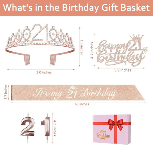 21st Birthday Decorations for Her, Including 21st Birthday Sash and Tiara, Cake Topper, Candles, 21 Year Old Gifts for Her...