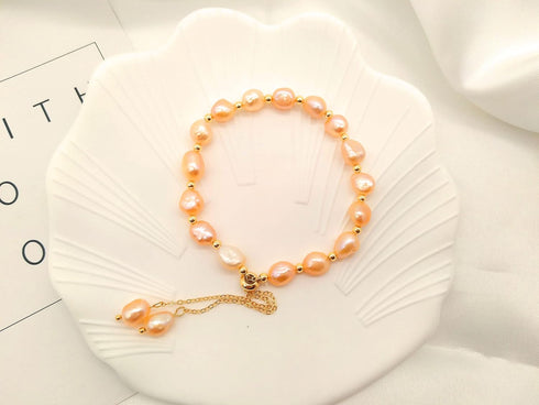 Pearl Bracelets for Women, Irregular Shape Pink Baroque Freshwater Pearls Gold Adjustable Slider Bracelet for Bride Bridesmaid Gift...