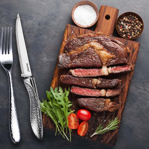 Steak Knives Set of 6, Stainless Steel Serrated Sharp Blade Steak Knife Set, Hammered Pattern Handle,4.5 In,For Kitchen Restaurant Tableware, Dish...