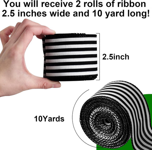Ribbon for Crafts Wired - Black and White Striped Polyester Wired Ribbon, 2 Rolls 10 Yards 2.5 Inch Wired Ribbon, Christmas Ribbon Wired, Craft Ri...