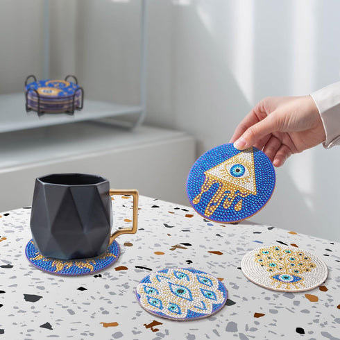 8Pcs Evil Eye Diamond Painting Coaster 5D Diamond Cup Mat with Holder Cork Pad Rhinestone Non Slip Drink Table Coaster for Beginners Adults DIY Pa...