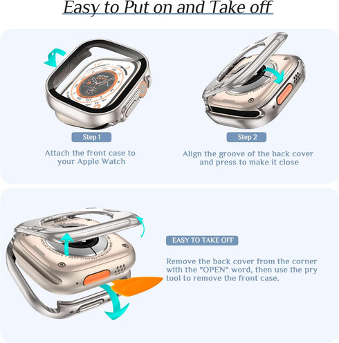 Goton 2 in 1 Waterproof Case for Apple Watch Ultra Ultra2 Screen Protector 49mm, 360 Protective Glass Face Cover Hard PC Bumper + Back Frame for i...