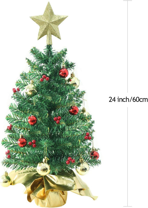24 Inch Tabletop Mini Christmas Tree, Miniature Pine Christmas Tree with Hanging Ornaments, Battery Operated Artificial Xmas Tree, Best DIY Christ...