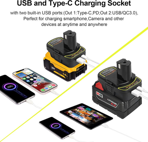 2 Pack DM18RL Battery Adapter Converter with USB Socket & Type-C Compatible for Dewalt 20V & Milwaukee M18 Li-Ion Battery Convert to Ryobi 18V P10...
