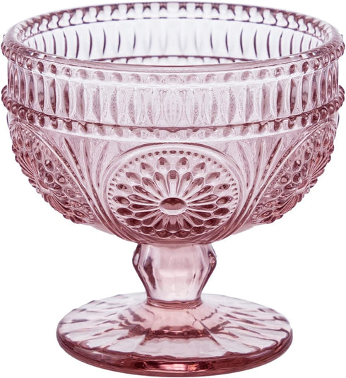 Vintage Flower Embossed Glass Footed Dessert Bowl Ice Cream Bowl Trifle Bowl Salad Bowl Candy Cake Bowl for Home Party Wedding 9oz-Pink...