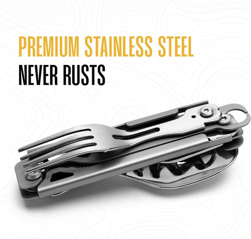 Camping Utensils - 4 In 1 Stainless Steel, Safety Locking Camping Accessories with Durable Sheath - Compact Multi Tool For Camping With Knive, Spo...