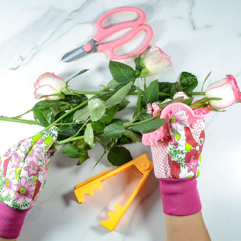 5PCS Rose Thorn Tools Rose Leaf Thorn Strippers with a Rose Pruning Shears and Garden Rose Gloves Pink1...