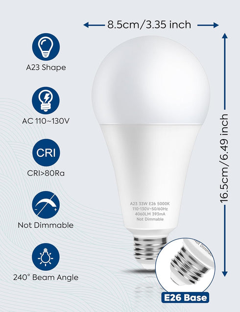 300W Equivalent LED Light Bulb, 4060LM Super Bright A23 LED Bulb, Daylight 5000K, 33W Energy Saving, E26 Medium Base, 120V for Garage, Warehouse, ...