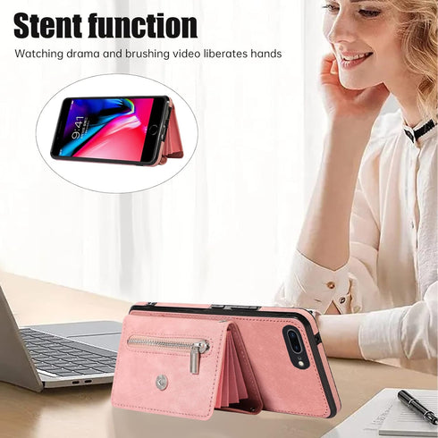 Phone Case for iPhone 7plus 8plus 7/8 Plus Wallet Cover with Wrist Crossbody Strap Lanyard Credit Card Holder Stand Leather Cell Accessories i Pho...