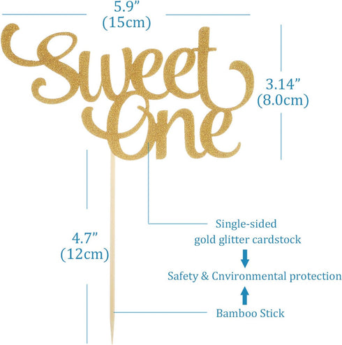 1st Birthday Gold Cake Topper - Glitter Sweet One Cake Topper for Photo Booth Props, Single-Sided First Anniversary Party Shower Cake Smash Decora...