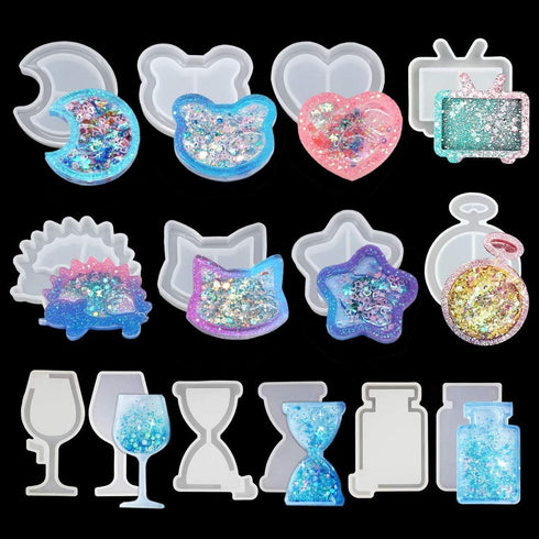 FineInno 11Pcs Quicksand Resin Casting Molds,Resin Art Shaker Mold, Crystal Silicone Hollow Mould Epoxy Pendant Mold Heart, Star, Moon,Bottle,Cat ...