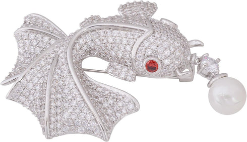 OBONNIE Women Cubic Zirconia Crystal 3D Goldfish Whale Pearl Brooch Pin Corsage Pendant Silver Tone...