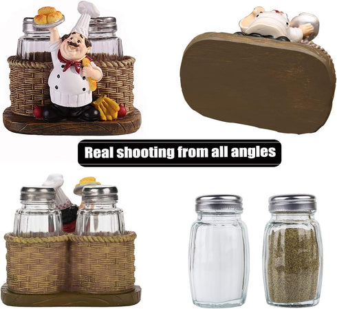 Salt and Pepper Shakers Set,Sitting Chef Decorative Statue Spice Organizer,Glass Spice Jars with Holder Figurine Gift for Family,Kitchen,Restauran...