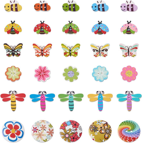 300Pcs Painted Wooden Buttons Insect Theme Poplar Wood Buttons Flower Dragon Fly Butterfly Bee Ladybugs Round Sewing Buttons with Floral Patterns ...