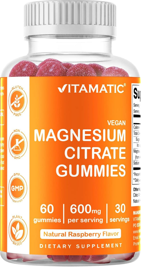 Vitamatic Magnesium Citrate Gummies 600mg per Serving - 60 Vegan Gummies - Promotes Healthy Relaxation, Muscle, Bone, & Energy Support (60 Gummies...